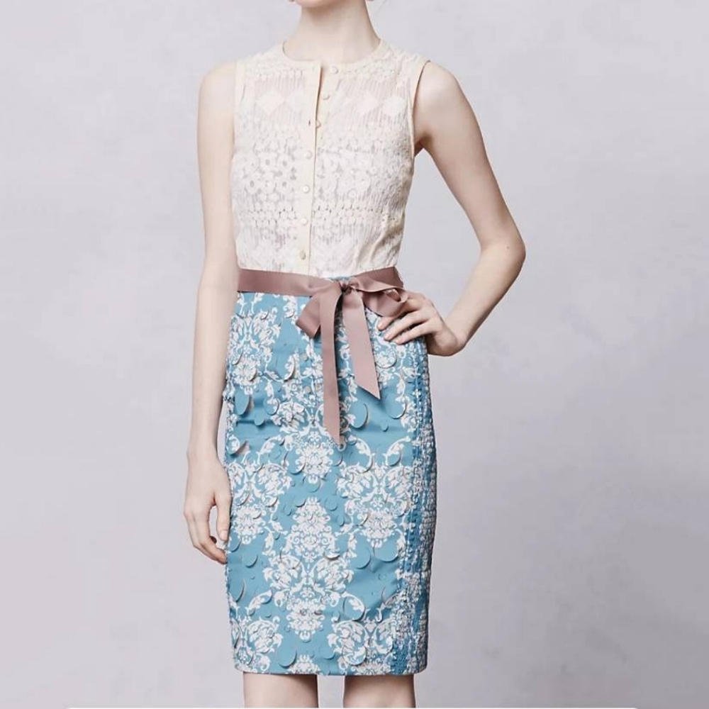 Byron Lars Dress Fleur-de-lis Sheath Laser Cut Crochet Floral Lace Belted Small